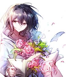 1girl bang_dream! bang_dream!_it&#039;s_mygo!!!!! brown_eyes flower grey_hair hibioes highres hood hood_down hooded_jacket jacket looking_at_viewer open_mouth pink_flower simple_background solo takamatsu_tomori white_background white_jacket