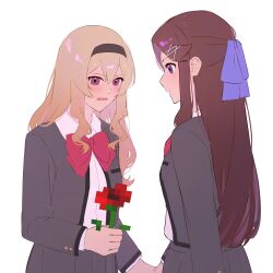 2girls absurdres black_hairband blonde_hair blush bow bowtie brown_hair closed_mouth collared_shirt commentary english_commentary flower grey_jacket grey_skirt hair_ribbon hairband highres holding holding_flower holding_hands jacket long_hair minecraft multiple_girls open_mouth pleated_skirt purple_eyes purple_ribbon raven_(rnzraven) red_bow red_bowtie ribbon saijou_claudine seishou_music_academy_uniform shirt shoujo_kageki_revue_starlight simple_background skirt tendou_maya white_background white_shirt yuri