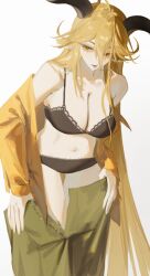 1girl animal_ears arknights black_bra black_panties blonde_hair bra breasts brown_pants brown_shirt cleavage commentary degenbrecher_(arknights) goat_ears goat_girl goat_horns highres horns large_breasts long_hair nate71762013 navel open_clothes open_shirt panties pants shirt simple_background solo stomach symbol-only_commentary underwear undressing very_long_hair white_background yellow_eyes
