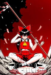 1girl ascot black_hair blood bow corpse detached_sleeves frilled_bow frilled_hair_tubes frills gohei hair_bow hair_tubes hakurei_reimu highres midriff_peek needle pleated_skirt ponytail red_bow red_eyes red_skirt ribbon-trimmed_sleeves ribbon_trim ryoan_(voyagehermitage) sitting skirt skirt_set solo touhou yellow_ascot