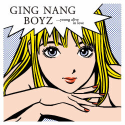 1girl album_cover arm_rest blonde_hair blue_background blue_eyes border cover eguchi_hisashi english_text gingnangboyz group_name head_on_hand head_rest long_hair looking_at_viewer nude official_art portrait red_lips red_nails screentones second-party_source solo white_border