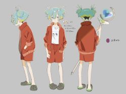 3girls anime_coloring aqua_eyes aqua_hair arms_at_sides bare_legs black_outline blonde_hair blues_in_the_closet_(zutomayo) blush character_name collar collared_jacket color_guide commentary concept_art crocs double-parted_bangs double_bun expressionless facing_away facing_viewer fingernails from_behind from_side gr_7 grey_background grey_footwear gym_shirt gym_shorts gym_uniform hair_between_eyes hair_bun half_updo hand_in_pocket heart_ornament highres holding holding_staff horns jacket legs_apart light_frown long_sleeves looking_at_viewer multicolored_hair multiple_girls multiple_views nira-chan nira-chan_(blues_in_the_closet)_(zutomayo) nose_blush official_art open_clothes open_jacket outline production_art red_collar red_jacket red_shorts red_sleeve_cuffs second-party_source shirt short_hair shorts simple_background single_horn skin-covered_horns sleeve_cuffs three-quarter_sleeves sleeves_pushed_up sportswear staff streaked_hair track_jacket translation_request turnaround undercut very_short_hair white_shirt zutto_mayonaka_de_ii_no_ni