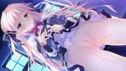 1girl black_bow blonde_hair blush bow bowtie braid breasts censored closed_mouth clothes_lift dark dress dress_lift dutch_angle embarrassed frilled_shirt_collar frills frown game_cg gluteal_fold green_eyes hair_bow hand_on_own_chest highres indoors lifting_own_clothes long_hair mosaic_censoring no_panties otome_domain pee peeing peeing_self photoshop_(medium) red_bow red_bowtie saionji_kazari school_uniform small_breasts solo tatekawa_mako window