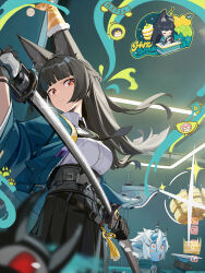 +_+ 2girls :o animal_ear_fluff animal_ears aqua_jacket asaba_harumasa belt birthday black_belt black_gloves black_hair black_necktie black_skirt blue_oni blue_skin blunt_bangs blurry blurry_foreground braid breasts buttons cake chibi closed_mouth collared_shirt colored_skin commentary cropped_jacket cup cutting earrings english_commentary fingerless_gloves floating_hair food fox_ears fruit glint gloves hair_between_eyes half_up_braid hand_up happy_birthday hat hat_over_one_ear highres holding holding_sheath holding_sword holding_tray holding_weapon horns hoshimi_miyabi indoors jacket jewelry katana large_breasts long_hair long_sleeves looking_at_viewer melon melon_slice multiple_girls necktie official_art oni open_clothes open_jacket open_mouth orange_hat party_hat paw_print pleated_skirt pointy_ears pom_pom_(clothes) red_eyes sheath sheathing shirt short_hair sidelocks single_fingerless_glove skin-covered_horns skirt smile soukaku_(zenless_zone_zero) sparkle sword tailless_(zenless_zone_zero) tassel teacup tray tsukishiro_yanagi weapon white_hair white_shirt wide-eyed wide_sleeves wing_collar zenless_zone_zero