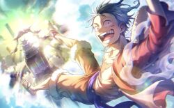 1boy black_hair castle commentary_request flip-flops floating hat long_sleeves looking_back male_focus monkey_d._luffy one_piece open_clothes open_mouth open_shirt orange_shorts purple_sash red_shirt sandals sash scar scar_on_chest shirt short_hair shorts smile solo straw_hat sun sunrise tsurumura_ichiru twitter_username