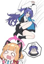 2girls absurdres angry animal_ear_headphones animal_ears aqua_necktie arms_up bare_legs black_boots black_hairband black_halo black_jacket black_skirt blank_eyes blonde_hair blue_archive blue_jacket blunt_bangs boots bow cat_ear_headphones cat_ears chinese_commentary collared_shirt commentary_request convenient_leg fake_animal_ears falling fleeing floating_clothes floating_hair floating_neckwear full_body hair_bow hairband halo headphones highres id_card jacket lapels legs liago light_blush long_hair long_sleeves low-tied_sidelocks mechanical_halo medium_hair millennium_science_school_logo miniskirt momoi_(blue_archive) motion_lines multicolored_jacket multiple_girls necktie o_o open_clothes open_jacket open_mouth own_hands_together parted_bangs pink_halo pink_jacket plants_vs._zombies pleated_skirt puffy_long_sleeves puffy_sleeves purple_hair raised_inner_eyebrows red_bow running school_uniform shirt sidelocks simple_background skirt speed_lines spoken_character squash_(plants_vs_zombies) suspenders tearing_up two-sided_fabric two-sided_jacket two_side_up v-shaped_eyes very_long_hair wavy_mouth white_background white_jacket white_shirt yuuka_(blue_archive)