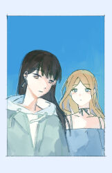 Rule 34 | 2girls, bang dream!, bang dream! it&#039;s mygo!!!!!, blue choker, blue eyes, blue sky, brown eyes, brown hair, choker, closed mouth, commentary request, day, drawstring, earrings, grey jacket, hood, hoodie, jacket, jewelry, long hair, looking at viewer, manphao o, multiple girls, nagasaki soyo, outdoors, shiina taki, sky, thai commentary, upper body, white hoodie