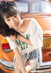 Rule 34 | 1girl, black hair, brown eyes, car, flat chest, japanese (nationality), kobayashi aika, looking at viewer, medium hair, motor vehicle, outdoors, photo (medium), ponytail, real life, shirt, short shorts, shorts, smile, voice actor, watermark, white shirt