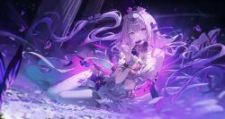 Rule 34 | 1girl, absurdres, arm support, asymmetrical gloves, bare shoulders, black tiara, bow, breasts, bug, butterfly, castorice (honkai: star rail), commentary, dress, elbow gloves, flower, gloves, hair bow, hair flower, hair ornament, highres, honkai: star rail, honkai (series), insect, large breasts, legwear cutout, long hair, looking at viewer, pantyhose, parted lips, pink flower, purple bow, purple butterfly, purple eyes, purple gloves, purple hair, purple theme, single elbow glove, sitting, solo, tiara, uneven gloves, very long hair, white dress, white pantyhose, yokozuwari, yonesdraws