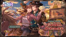 1boy 1girl :d artem_wing_(tears_of_themis) belt black_gloves blue_sky brown_hair brown_jacket brown_pants character_name closed_eyes closed_mouth cloud cloudy_sky cowboy cowboy_hat cowboy_western denim fingerless_gloves gloves green_shirt hat hetero horse horseback_riding jacket jeans long_hair long_sleeves neckerchief official_art open_mouth pants people pink_jacket pink_shirt riding rosa_(tears_of_themis) shirt short_hair sky smile sunset tears_of_themis western yellow_neckerchief