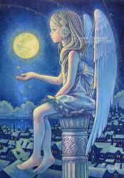 1girl angel_wings bare_shoulders barefoot blonde_hair commentary_request dress expressionless feathered_wings full_body hairband highres long_hair night oil_painting_(medium) original painting_(medium) pillar profile ringodrawing scenery sitting sky solo star_(sky) starry_sky town traditional_media white_wings wings