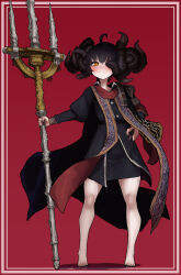1girl absurdres ahoge black_nails blush closed_mouth ekrea_jan elden_ring full_body genderswap genderswap_(mtf) highres holding holding_weapon horns missing_eye mohg_lord_of_blood multiple_horns nail_polish orange_eyes ornate_clothes polearm red_background robe smile solo standing teeth trident weapon