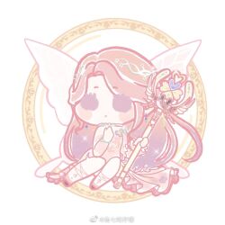 1girl blush_stickers chibi circle clothing_cutout clover clover_brooch dress earrings expressionless eyelashes fairy fairy_wings fishnet_pantyhose fishnets four-leaf_clover gradient_hair hand_on_own_chest holding holding_staff jewelry long_dress long_hair multicolored_hair nikki_(series) pantyhose parted_bangs parted_lips pink_dress pink_hair pink_shoes pink_wings poem_of_light_(shining_nikki) pointy_ears purple_eyes purple_hair shining_nikki shoes shoulder_cutout sitting solid_circle_eyes solo sparkle staff two-tone_hair very_long_hair watermark weibo_watermark white_background white_pantyhose wings xiaoyu_qixing