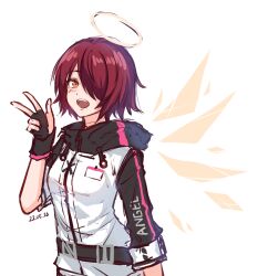 1girl :d arknights black_gloves black_jacket clothes_writing commentary dated detached_wings exusiai_(arknights) fingerless_gloves gloves grey_halo hair_over_one_eye halo highres jacket lalihop looking_at_viewer one_eye_covered open_mouth orange_eyes red_hair short_hair simple_background sketch smile solo teeth traditional_halo upper_teeth_only w white_background white_jacket wings