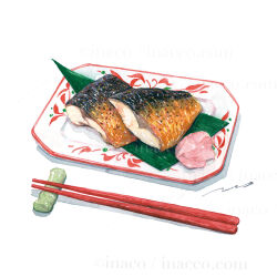 chopstick_rest chopsticks commentary_request fish_(food) food food_focus inaco no_humans original plate signature simple_background white_background