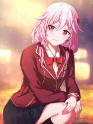 1girl artist_name blurry blurry_background bow bowtie commentary_request emunoko_ch guilty_crown hair_ornament hair_tubes hairclip hands_on_own_knees highres jacket long_hair long_sleeves looking_at_viewer official_alternate_costume partial_commentary pink_hair pleated_skirt red_bow red_bowtie red_eyes red_jacket school_emblem school_uniform shirt skirt solo twintails watermark white_shirt yuzuriha_inori