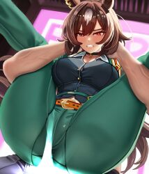 Rule 34 | 1boy, 1girl, absurdres, asdkd123, breasts, green pants, highres, horse girl, large breasts, pants, sirius symboli (umamusume), thighs, umamusume