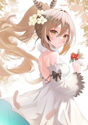 1girl absurdres alternate_costume back bare_shoulders berry black_bow bow detached_sleeves dress falling_feathers feather_hair_ornament feathers floating_hair flower foliage food from_side fruit fur_collar hair_flower hair_ornament highres holding holding_food holding_fruit hololive hololive_english long_hair looking_at_viewer multicolored_hair nanashi_mumei ponytail shoulder_blades smile streaked_hair turning_head very_long_hair virtual_youtuber white_background white_dress wide_sleeves zeroalka