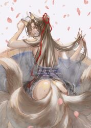 1boy ahoge androgynous animal_ears ass back bath bathing brown_hair closed_mouth cup falling_petals fingernails fox_boy fox_ears fox_tail from_behind grey_eyes hair_ribbon hand_in_own_hair highres holding holding_cup holding_own_hair in_bathtub kemonomimi_mode kitsune kyuubi long_hair looking_at_viewer looking_back male_focus modao_zushi multiple_tails nude ojisan_rbt onsen partially_submerged petals petals_on_liquid pink_petals ponytail red_ribbon ribbon sharp_fingernails sitting smile solo tail towel twitter_username very_long_hair water watermark wei_wuxian wet wet_hair white_background wooden_bathtub