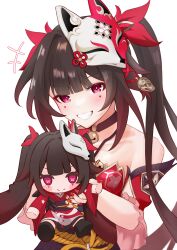 +++ 1girl absurdres bell blunt_bangs bright_pupils brown_choker brown_hair butterfly-shaped_pupils character_doll chinese_commentary choker collarbone commentary_request detached_sleeves doll dress edgar00 floating_hair fox_mask frilled_sleeves frills grin highres holding holding_doll honkai:_star_rail honkai_(series) jingle_bell light_blush long_hair looking_at_viewer mark_under_both_eyes mask mask_on_head neck_bell pink_eyes red_dress red_nails short_sleeves sidelocks sleeveless sleeveless_dress smile solo sparkle_(doll)_(honkai:_star_rail) sparkle_(honkai:_star_rail) symbol-shaped_pupils teeth twintails upper_body very_long_hair white_background white_pupils