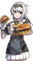 1girl anby_demara anby_demara_(silver_soldier) assassin&#039;s black_hairband braided_sidelocks breasts burger cowboy_shot dress eating fingerless_gloves food food_on_face gloves hair_between_eyes hairband holding holding_burger holding_food looking_at_viewer medium_breasts official_alternate_costume orange_eyes reaching reaching_towards_viewer short_hair white_background white_dress white_gloves zenless_zone_zero