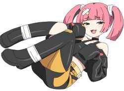 1girl :d belt black_eyes black_shirt collarbone commentary_request coral_(pokemon) eyelashes fang hair_ornament hands_up head_tilt highres kutsusama long_sleeves nintendo off-shoulder_shirt off_shoulder open_mouth pink_hair pokemon pokemon_(anime) pokemon_horizons shirt simple_background skirt sleeves_past_fingers sleeves_past_wrists smile solo tongue twintails white_background yellow_belt