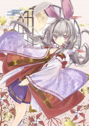 Rule 34 | 1girl, absurdres, animal ears, blush, closed mouth, egasumi, feet out of frame, floral print, flower, full moon, grey hair, hair between eyes, hair tubes, hand on own chest, highres, ichijiku (vrchat), japanese clothes, kikumon, kimono, layered clothes, long hair, long sleeves, looking at viewer, miyama leaves, moon, pinwheel, purple skirt, rabbit ears, rabbit girl, red eyes, ribbon-trimmed skirt, ribbon-trimmed sleeves, ribbon trim, round window, skirt, smile, socks, solo, spider lily, vrchat, white socks, wide sleeves, window