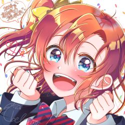 1girl 2024 :d absurdres blazer blue_eyes blue_jacket blush bow bowtie chelsea0327 collared_shirt floating_hair hair_between_eyes hair_bow highres jacket kosaka_honoka long_hair long_sleeves love_live! love_live!_school_idol_project open_mouth orange_hair otonokizaka_school_uniform portrait school_uniform shirt side_ponytail signature smile solo speech_bubble striped_bow striped_bowtie striped_clothes white_shirt wing_collar yellow_bow