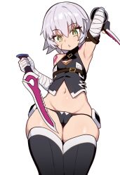 1girl absurdres armpits bandaged_arm bandages black_boots black_panties boots breasts cameltoe cleavage_cutout clothing_cutout dagger ebora fate/apocrypha fate_(series) green_eyes grey_hair highres holding holding_dagger holding_knife holding_weapon jack_the_ripper_(fate/apocrypha) knife midriff navel panties scar scar_across_eye scar_on_face short_hair simple_background small_breasts solo thighs triangle_mouth underwear weapon white_background