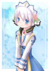 1boy arch_bishop_(ragnarok_online) black_choker blue_background blue_coat blue_eyes blush choker closed_mouth coat commentary_request cowboy_shot cropped_jacket cross cross_choker cross_of_prontera flower grey_hair hair_flower hair_ornament headdress jacket long_sleeves looking_at_viewer male_focus pink_flower ragnarok_online short_hair smile solo white_jacket yoru_nagatsuki