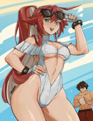 absurdres alohapz artist_name breasts cleavage clothing_cutout contrapposto cowboy fingerless_gloves frilled_one-piece_swimsuit frills gloves green_eyes guilty_gear guilty_gear_strive hand_on_own_hip highleg highleg_one-piece_swimsuit highres jack-o&#039;_valentine long_hair navel one-piece_swimsuit open_mouth ponytail red_hair red_swim_trunks sol_badguy sunglasses swimsuit thighs very_long_hair western white_hair white_one-piece_swimsuit