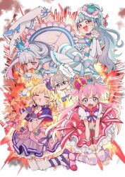1boy 4girls bandaid blonde_hair blue_bow blue_bowtie blue_choker blue_eyes blue_shoes blue_thighhighs blush boots bow bowtie braid capelet choker closed_eyes commentary_request crown cure_friendy cure_lillian cure_nyammy cure_wonderful dress explosion frilled_dress frilled_thighhighs frills green_eyes grey_hair hair_bow high_heels highres inukai_iroha inukai_komugi kahlua_(artist) long_hair multicolored_hair multiple_girls nekoyashiki_yuki open_mouth own_hands_together pink_boots pink_bow pink_dress pink_eyes pink_hair precure purple_boots purple_bow purple_bowtie purple_capelet purple_dress purple_eyes shoes short_hair short_sleeves single_boot smile striped_bow sweat thighhighs toeless_legwear toyama_satoru twin_braids two-tone_hair two_side_up v-shaped_eyebrows white_dress white_thighhighs wonderful_precure!