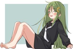 1girl absurdres barefoot black_sailor_collar black_serafuku black_skirt blush commentary_request crescent crescent_hair_ornament green_eyes green_hair hair_between_eyes hair_ornament highres kantai_collection long_hair long_sleeves looking_at_viewer nagatsuki_(kancolle) neckerchief one-hour_drawing_challenge open_mouth pok_(pok_0002) sailor_collar school_uniform serafuku simple_background sitting skirt solo very_long_hair white_neckerchief yellow_neckerchief