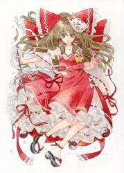 Rule 34 | 1girl, absurdres, ascot, between fingers, bow, brown hair, detached sleeves, fox mask, frilled bow, frilled hair tubes, frills, full body, gohei, hair bow, hair tubes, hakurei reimu, highres, holding, holding gohei, huge bow, kisarush, long hair, looking at viewer, mask, mask on head, ofuda, ofuda between fingers, open mouth, orb, painting (medium), platform sandals, red bow, red eyes, red skirt, ribbon-trimmed sleeves, ribbon trim, sandals, skirt, skirt set, smile, socks, solo, touhou, traditional media, very long hair, watercolor (medium), watermark, white socks, yellow ascot, yin yang, yin yang orb