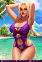 1girl armpits arms_behind_head arms_up beach blonde_hair blue_sky breasts brown_eyes cleavage clothing_cutout cloud collarbone commentary cross-laced_clothes cross-laced_one-piece_swimsuit day english_commentary facial_mark forehead_mark gumroad_logo gumroad_username highres large_breasts legs_together light_smile lips lipstick looking_at_viewer luminyu makeup mature_female mole mole_on_breast naruto naruto_(series) navel navel_cutout nose one-piece_swimsuit outdoors paid_reward_available palm_tree parted_lips patreon_logo patreon_username purple_one-piece_swimsuit red_lips sand sky solo standing strap_gap swimsuit tree tsunade_(naruto) twitter_logo twitter_username water watermark web_address