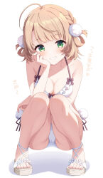 Rule 34 | 1girl, bikini, blonde hair, blush, collarbone, commentary request, gluteal fold, hair ornament, hand on own cheek, hand on own face, highres, indie virtual youtuber, knees, kurono yuzuko, looking at viewer, pom pom (clothes), pom pom hair ornament, sandals, shigure ui (vtuber), side-tie bikini bottom, simple background, solo, squatting, swimsuit, thighs, toes, variant set, white background