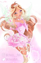 1girl ahoge bad_id bad_twitter_id bare_shoulders blonde_hair braid breasts brown_hair bubble chocofish choker cleavage commentary dark-skinned_female dark_skin dress dress_flower english_commentary eyelashes eyeshadow fairy fairy_wings feet_out_of_frame flora_(winx_club) flower flower_choker frilled_arm_warmers gem glitter gold_tiara gradient_background green_eyes green_theme green_wings hand_on_own_cheek hand_on_own_face happy heart-shaped_gem instagram_username light_blush light_particles lipstick long_hair looking_at_viewer magical_girl makeup multicolored_hair official_alternate_costume outline parted_lips petals pink_arm_warmers pink_background pink_dress pink_eyeshadow pink_flower pink_gemstone pink_lips pink_rose rose rose_petals see-through_clothes see-through_thighhighs short_dress sleeveless sleeveless_dress smile solo standing streaked_hair teeth thighhighs transparent_wings twin_braids twitter_username two-tone_hair very_long_hair watermark wavy_hair white_outline wings winx_club