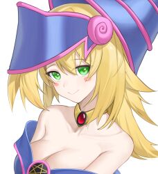Rule 34 | 1girl, bare shoulders, blonde hair, blue dress, blush stickers, breasts, cleavage, closed mouth, dark magician girl, dress, duel monster, green eyes, happy05x, hat, highres, jewelry, large breasts, long hair, neck ring, off-shoulder dress, off shoulder, pentagram, simple background, smile, solo, white background, wizard hat, yu-gi-oh!