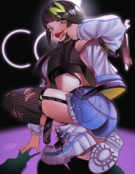 1girl belly black_hair character_name coqui_saporana crouching denim denim_shorts evanleaves fishhooking fishnets frog_girl garter_belt highres indie_virtual_youtuber jacket open_mouth shoes shorts solo turning white_jacket white_shoes