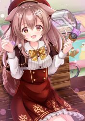 1girl absurdres animal_ears bench bone_hair_ornament brown_eyes brown_hair dog_ears dog_girl dog_tail food food_stand frilled_skirt frills hair_ornament hajime_yo hat highres holding holding_ice_cream_cone hololive ice_cream ice_cream_cone ice_cream_stand inugami_korone long_hair looking_at_viewer multiple_scoops open_mouth red_hat red_shirt shirt sitting skirt solo tail virtual_youtuber white_shirt