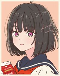 1girl ahoge black_hair blue_sailor_collar commentary_request dated focusneko from_side highres looking_at_viewer milk_carton neckerchief orange_background osanai_yuki parted_lips pink_eyes portrait red_neckerchief sailor_collar school_uniform serafuku shirt short_hair shoushimin_series signature white_shirt