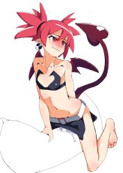 1girl atthattime barefoot bat_wings belt collarbone crotch_rub dakimakura_(object) demon_tail disgaea drooling earrings etna_(disgaea) female_focus female_masturbation highres jewelry masturbation pillow pillow_humping pointy_ears pussy_juice red_eyes red_hair skull_earrings solo straddling sweat tail wings