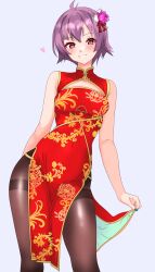 1girl absurdres ahoge alternate_costume black_pantyhose breasts china_dress chinese_clothes cleavage_cutout clothes_lift clothing_cutout cowboy_shot dress dress_lift flipped_hair flower grey_background hair_flower hair_ornament highres kantai_collection lifting_own_clothes looking_at_viewer medium_breasts nitamako_(sakamalh) pantyhose pelvic_curtain print_dress purple_hair red_eyes sakawa_(kancolle) short_hair simple_background solo