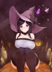 1girl bare_shoulders black_panties black_thighhighs blue_eyes blush breasts bug butsu_menhou censored choker cleavage crotchless crotchless_panties elbow_gloves female_focus female_pubic_hair fire gloves halloween hat heart heart_censor highres insect jack-o&#039;-lantern lace lace_choker lace_trim large_breasts long_hair looking_at_viewer mole mole_under_eye moth original panties pubic_hair pumpkin purple_gloves purple_hair pussy sitting skull smile solo thick_thighs thighhighs thighs underwear witch witch_hat