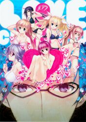 1boy 6+girls absurdres ahoge arimura_hinae black_bra black_hair black_ribbon blonde_hair blue_eyes blue_hair bow bow_bra bra breasts brown_hair chaos;child chaos;child_love_chu_chu! cleavage closed_eyes collarbone ears_visible_through_hair flat_chest floating_hair glasses grin hair_between_eyes hair_bow hair_ribbon hand_in_own_hair hands_on_own_chest headphones highres holding kazuki_hana kunosato_mio kurusu_nono lingerie long_hair looking_at_viewer medium_breasts minamisawa_senri miyashiro_takuru multiple_girls multiple_hair_bows navel nude official_art onoe_serika pink_bra pink_hair ponytail purple_eyes purple_hair red_bow red_eyes red_ribbon ribbon sasaki_mutsumi short_hair short_hair_with_long_locks side_ponytail sidelocks small_breasts smile split_mouth thick_thighs thighs twintails underwear very_long_hair white_bra yamazoe_uki