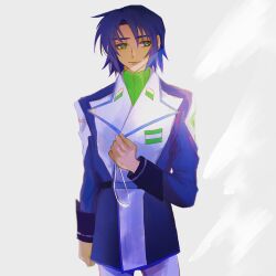 Rule 34 | 1boy, athrun zala, blue hair, blue jacket, cowboy shot, green eyes, gundam, gundam seed, jacket, long sleeves, male focus, military uniform, she (morianosu), short hair, simple background, smile, solo, white background, white jacket