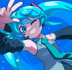 1girl aqua_eyes aqua_hair aqua_necktie aqua_trim armpits bare_shoulders black_sleeves blue_background collared_shirt detached_sleeves floating_headgear grey_shirt hatsune_miku headgear headset highres long_hair long_sleeves looking_at_viewer necktie number_tattoo one_eye_closed shirt shoulder_tattoo simple_background sleeveless sleeveless_shirt solo tattoo teeth tie_clip toyogaippai twintails upper_body very_long_hair vocaloid w