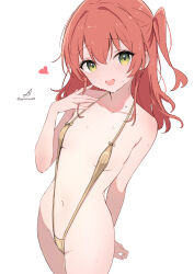 1girl absurdres bocchi_the_rock! breasts commentary_request gold_slingshot_swimsuit green_eyes heart highres kita_ikuyo long_hair looking_at_viewer minusk9 navel open_mouth red_hair side_ponytail simple_background small_breasts solo stomach sweat twitter_username white_background