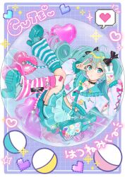 1girl :o aqua_eyes aqua_hair asymmetrical_legwear bag bandaid bandaid_on_knee bandaid_on_leg black_choker black_ribbon blush boots character_name choker commentary_request full_body green_boots green_skirt grid_background hair_ribbon hatsune_miku heart jacket lace-up_boots leg_warmers long_hair long_sleeves looking_at_viewer mismatched_legwear mofmama open_clothes open_jacket parted_lips purple_background purple_jacket ribbon shoulder_bag skirt solo vocaloid w