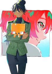 2girls amate_yuzuriha black_hair black_pantyhose black_skirt closed_mouth commentary conch_(gundam) dark-skinned_female dark_skin green_jacket gundam gundam_gquuuuuux hair_bun hair_up highres jacket multiple_girls nomaumona nyaan_(gundam_gquuuuuux) pantyhose red_eyes red_hair short_hair skirt smile white_background yellow_eyes